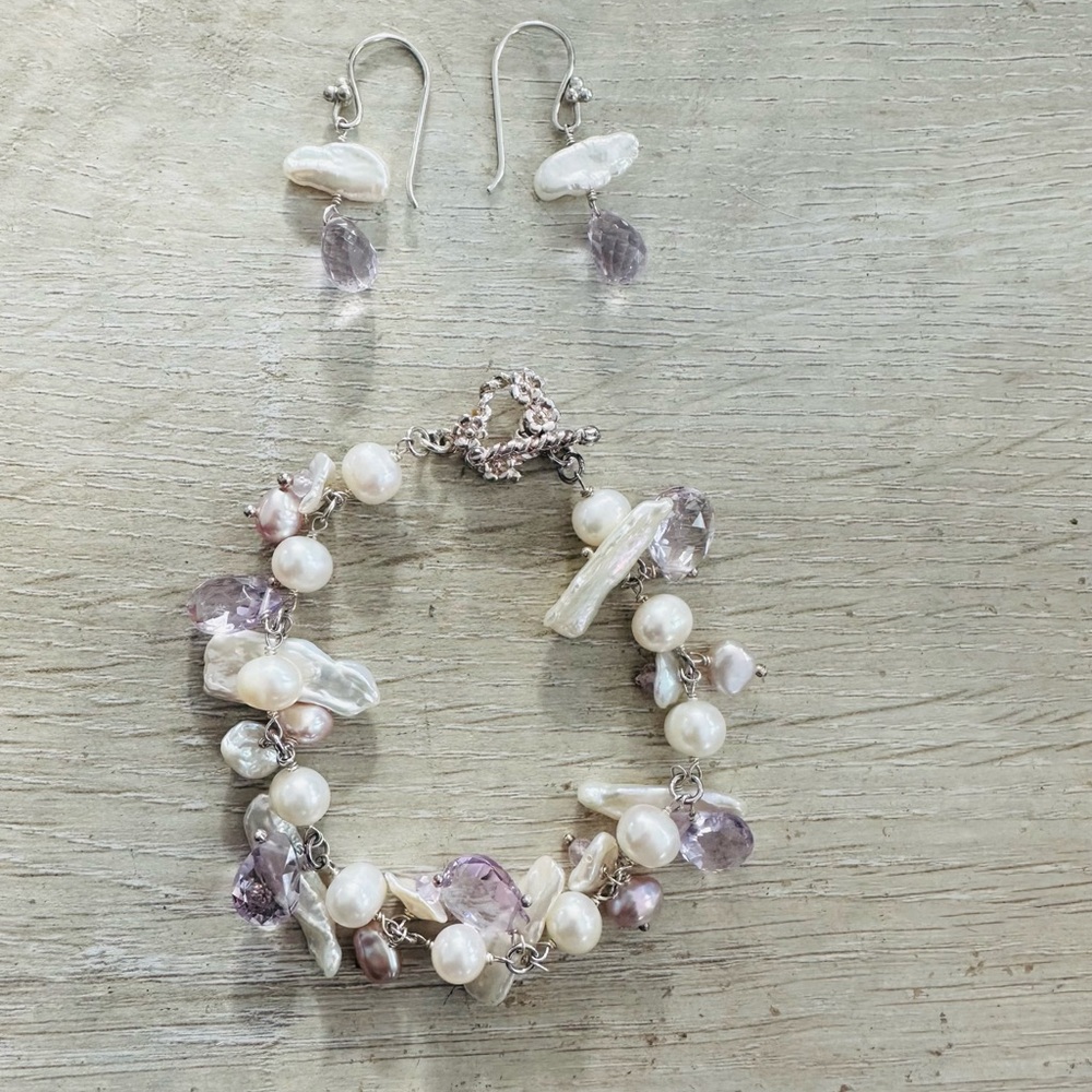 Karen Chen Pearl + Amethyst Bracelet & Earring Set - Picture 2 of 5